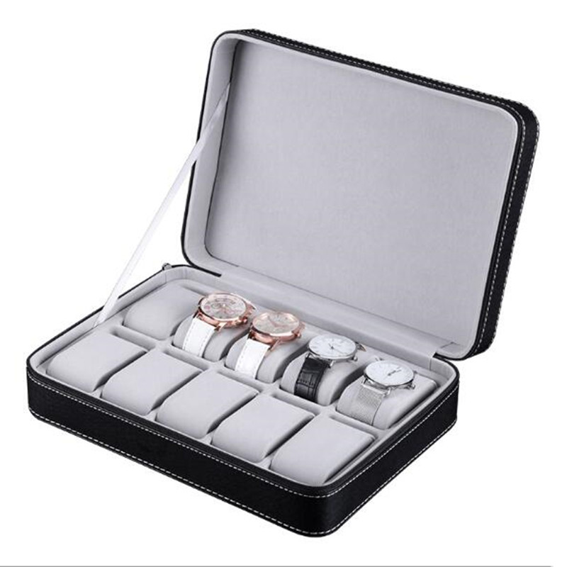 5/6/10/12 ranuras caja de Reloj portátil de cuero PU con cremallera/cerradura relojes de cuarzo estuche organizador de joyas cajas de exhibición mejor: B 10 Grid Watch Box
