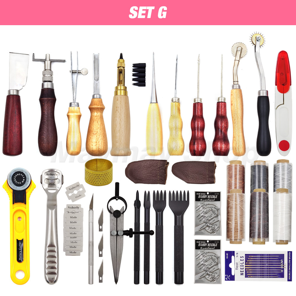 Pine Wood Leathercraft Hand Stitching Clamp Leathercraft Tool Set Kits Leather Punching Carving Saddle Groover Tools Storage DIY: SET G