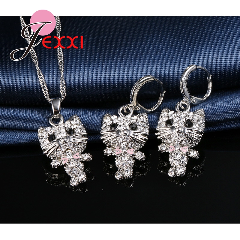 Joli zircon cubique mignon africain AAA chat Collier Collier 925 en argent Sterling boucles d'oreilles ensembles fête anniversaire bijoux