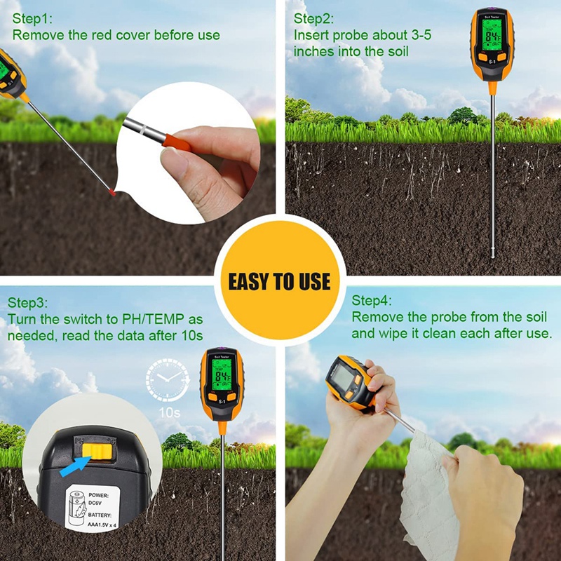 Soil PH Meter, 4 In 1 Soil Tester Moisture, Digital Plant Moisture Meter With PH/Temperature/Light, Soil Moisture Meter