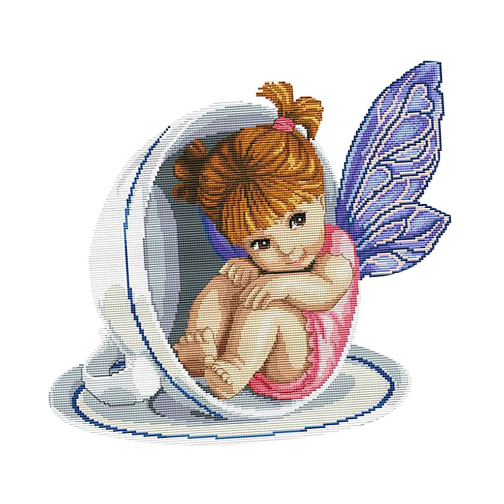 Angel in Teacup DIY Stamped Cross Stitch Kit Pre-printed Patterns Cute Scenery