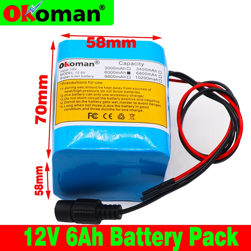 Okoman large capacity battery pack 12V 6000mAh 18650 lithium ion rechargeable battery 6Ah DC12.6V portable battery pack