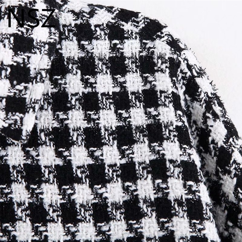 Nsz kvinder sort hvid plaid oversize tweed jakke houndstooth frakke langærmet løs afslappet lang ternet overtøj top