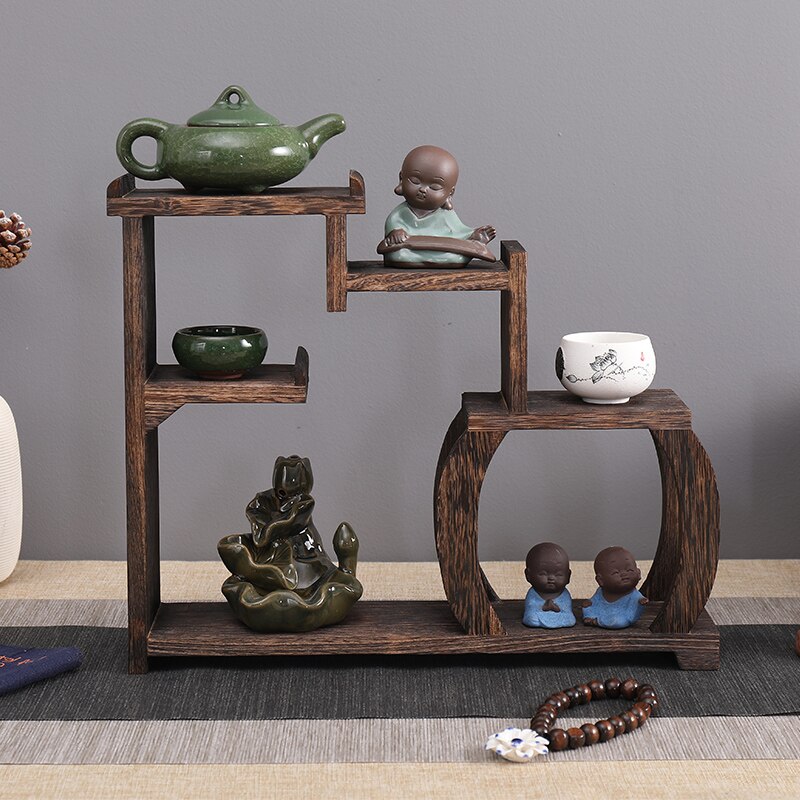 Small Solid Wood Chinese Style Tea Pot Tray Burn Paulownia Hand Polished Antique-and-curio Shelves Teapot Set: model 016 depth 9cm