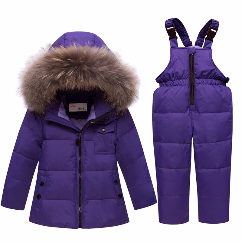 Winter Jongen Meisje Skipak Baby Winter Warme Kleding Sets Snowsuit Kinderen Bont Capuchon Donsjack Jas 5 Kleuren: Purple / 100