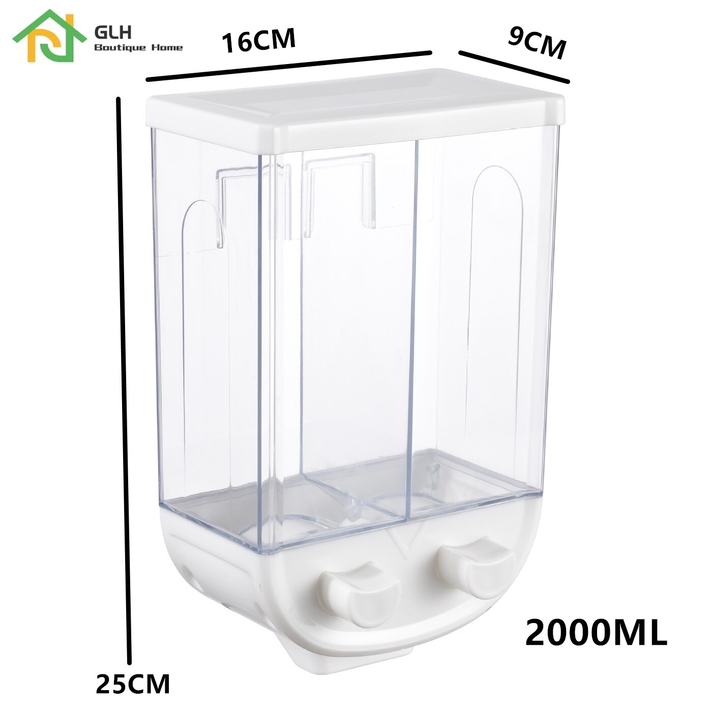 2L Kitchen Whole Grains Cereal Dispenser Divided Sealed Storage Tank 2 Grids Wall-Mounted Food Storage Containers