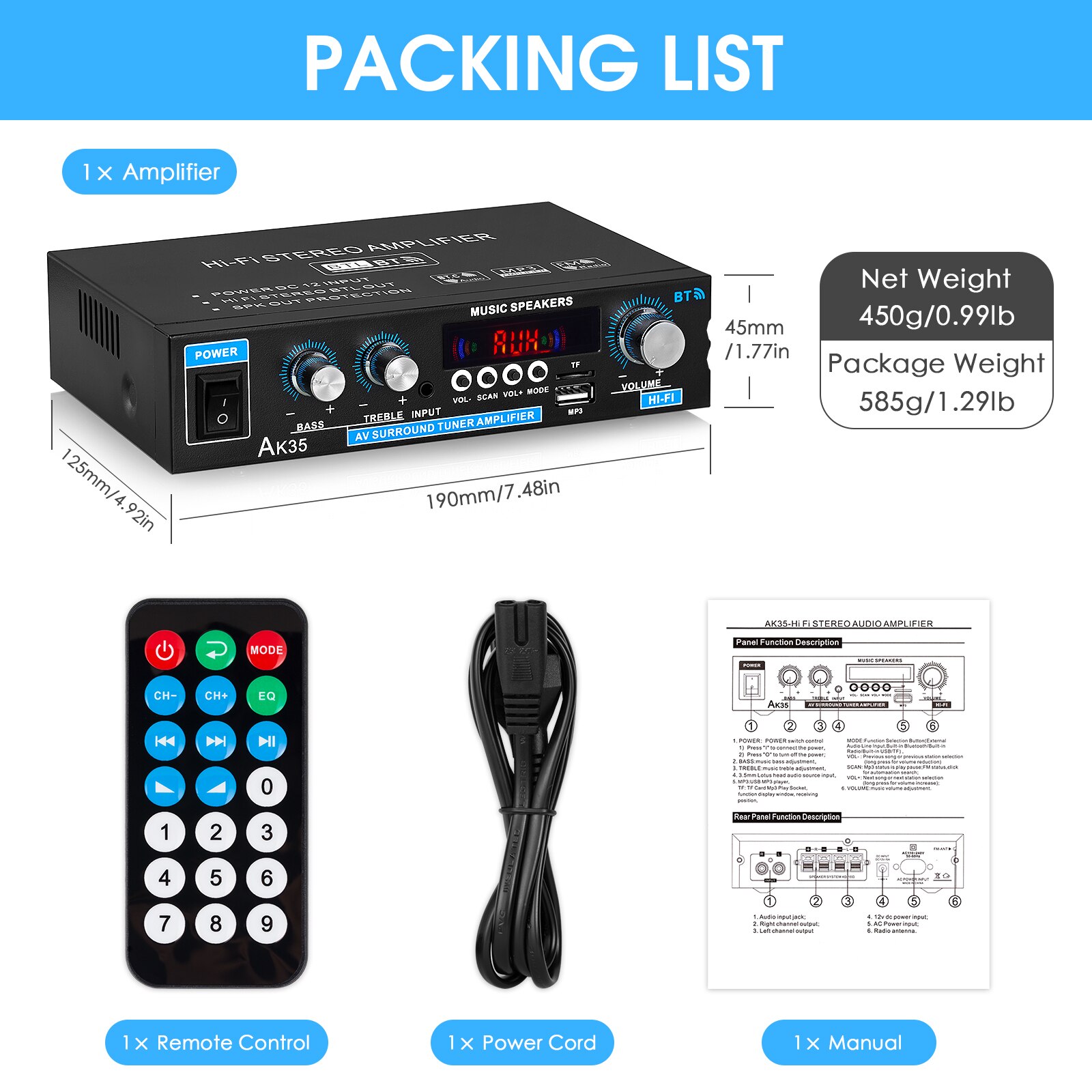 Nobsound Mini 2.0 Channel Digital Amplifier Bluetooth 5.0 Receiver USB Music Player Stereo Home/Car/Marine Audio Amp