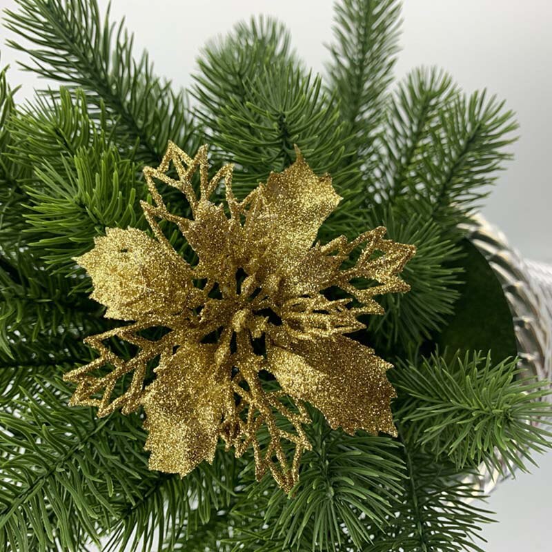 Arbre suspendu 10 pièces/ensemble fleur de noël Poinsettia fête décoration offre spéciale 9/11/16CM populaire paillettes: Golden / 11CM