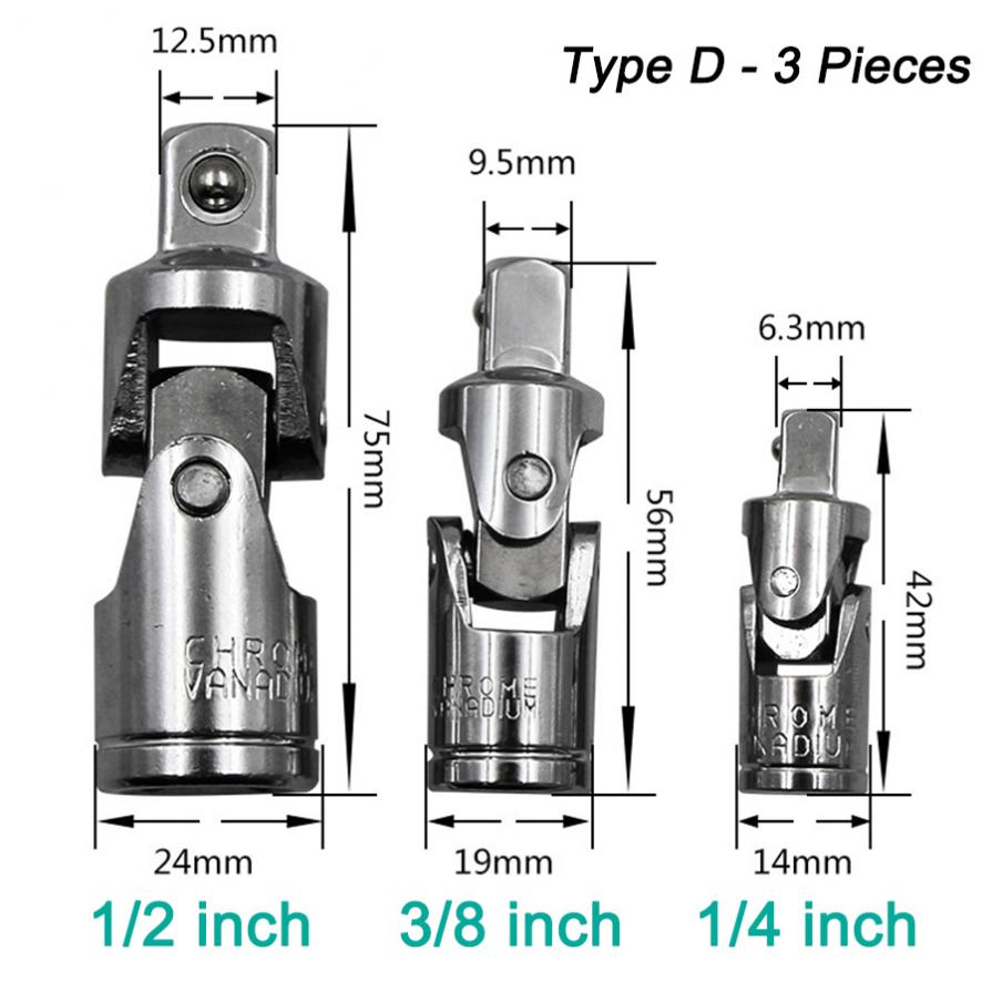 Wrench Sleeve 360 Degree Socket Wrench Joint Swivel Knuckle Joint Air Impact Wobble Socket Adapter Hand Tool 1/2 3/8 1/4: 3set
