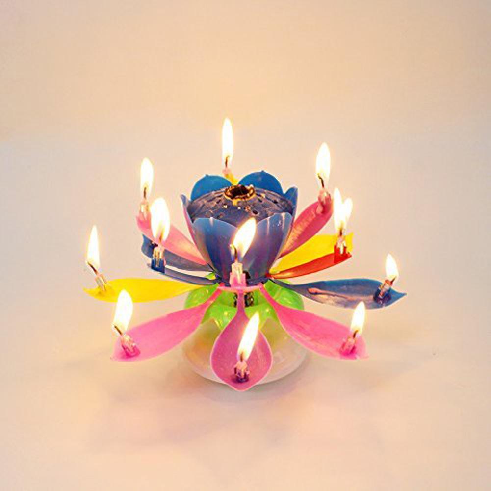 MeterMall Doppi Strati di Loto Musicale Felice Candele Di Compleanno Romantico Luce Del Fiore Della Torta Capretti Dei Regali Del Partito