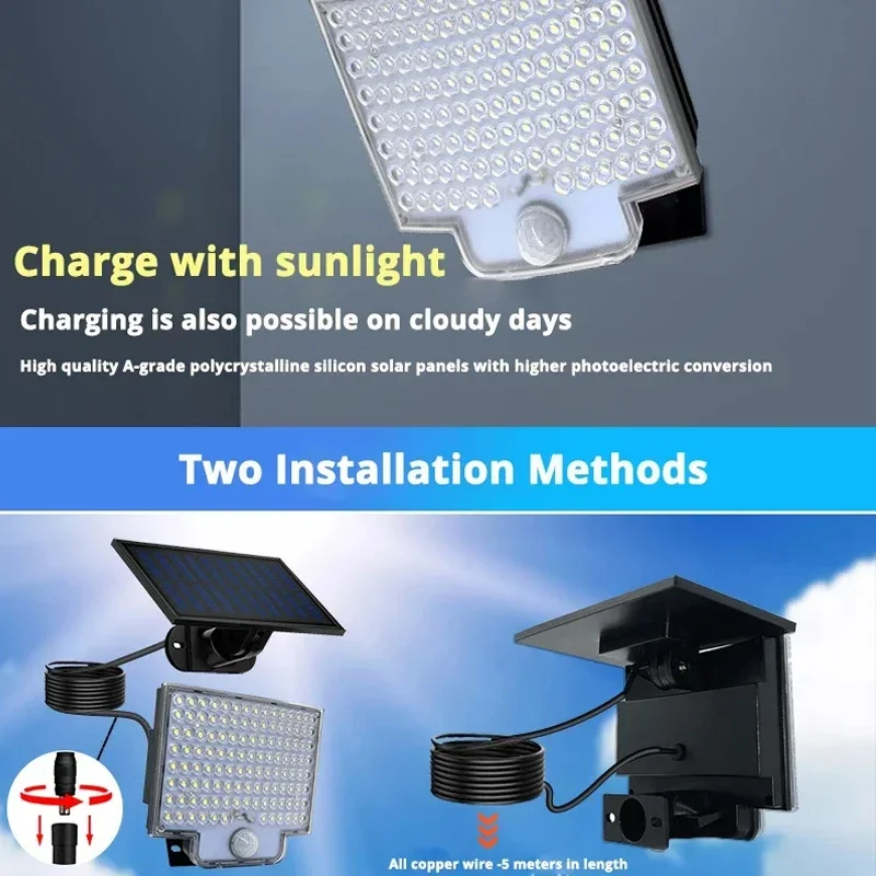 Lámpara Solar dividida 106LED, 3 modos de iluminación, decoración exterior, luz Solar, luz de pared, Sensor de movimiento PIR, lámpara impermeable para jardín y garaje