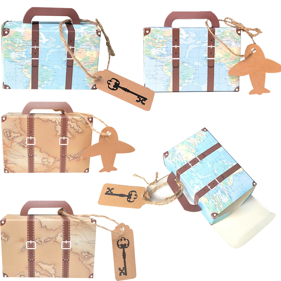 1 Juego de globos con mapa de viaje mundial, maleta, caja de dulces, pancartas de papel para mapa de viaje para niño, decoraciones para de cumpleaños con temática de avión