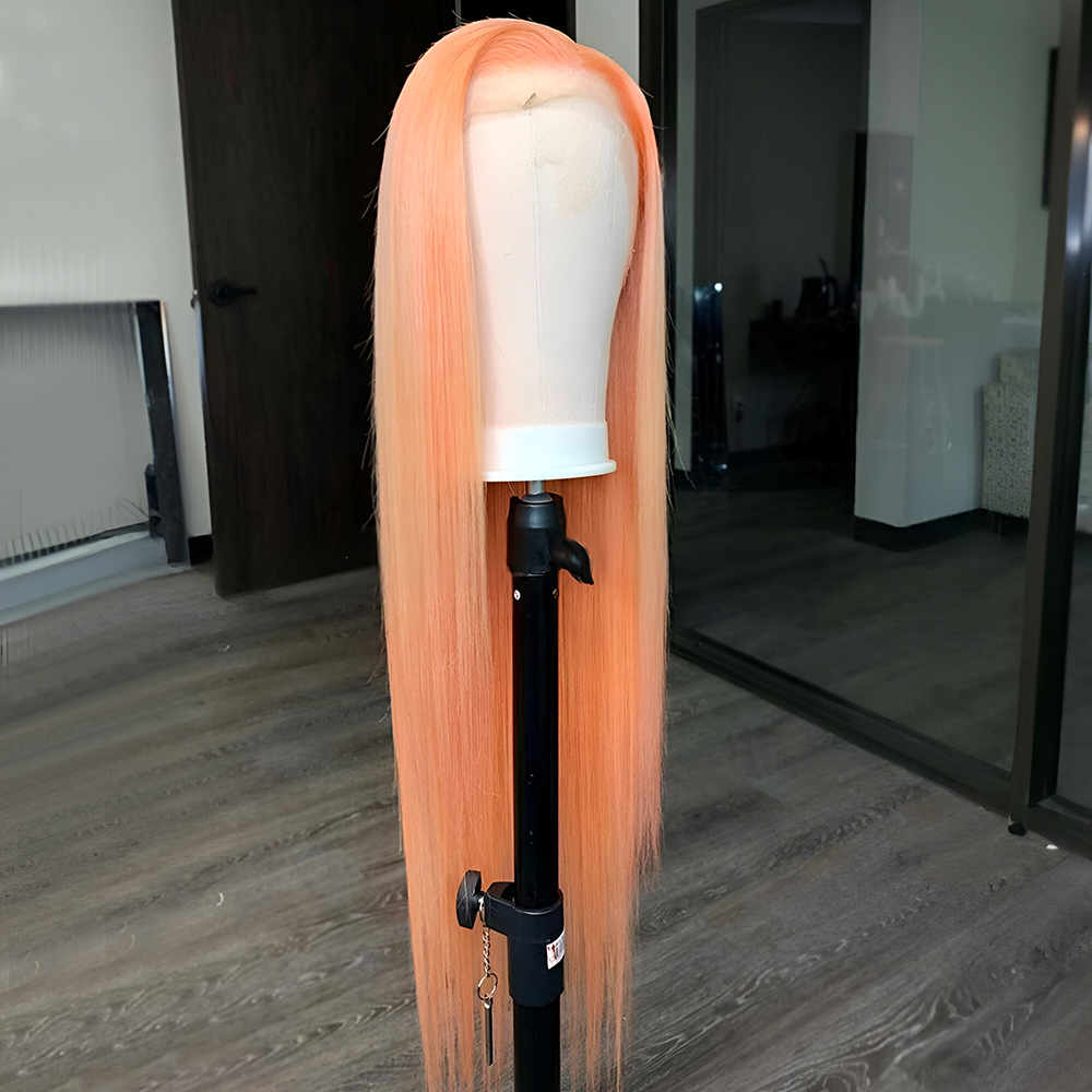 Perruque Lace Front Wig synthétique Orange clair, cheveux longs et lisses, naissance des cheveux naturelle, sans colle, pour femmes, usage quotidien, perruques de Cosplay Orange