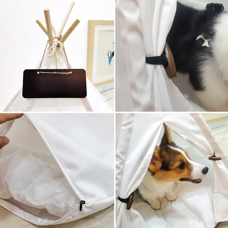 Hvidt kanvas kæledyr kat hund tipi telt hus sengesæt med pude og tavle aftagelig vaskbar, til kæledyr op  to 33 lbs
