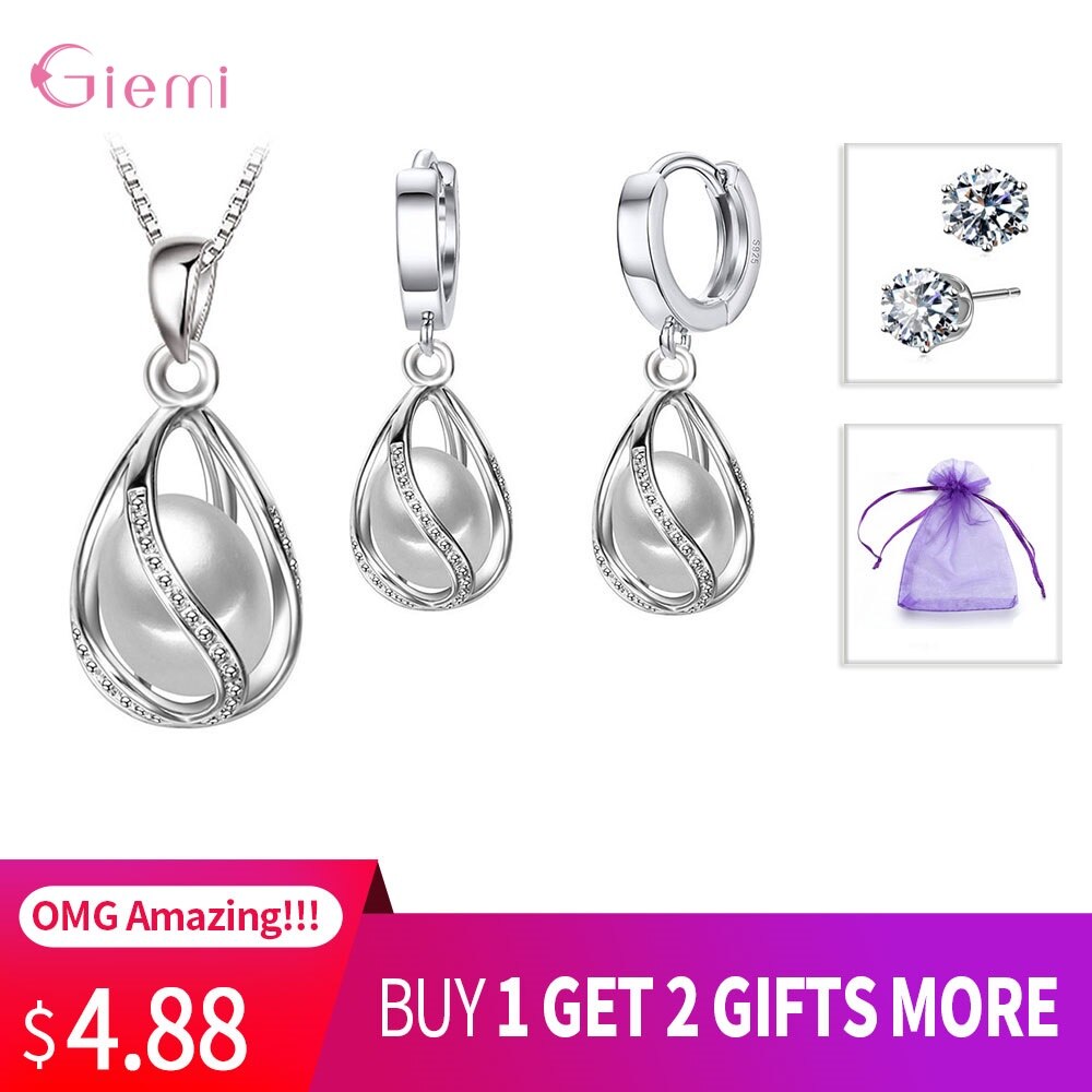 Top Wedding Party Jewelry Sets 925 Sterling Silver Pearl Water Tear Pendant Necklace Hoop Earrings Buy 1 Get 2: White