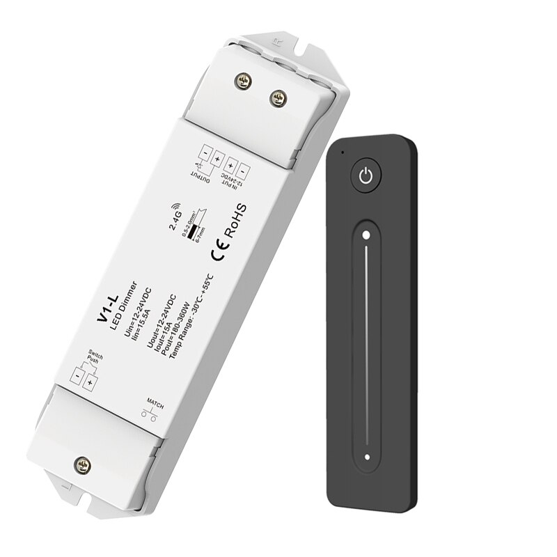 Led dimmer controller rf trådløs fjernbetjening  dc 12-24v 15a 360w output cv konstant spænding led 5050 3528 strip dæmpning  v1- l +r11: V1- l og  r11