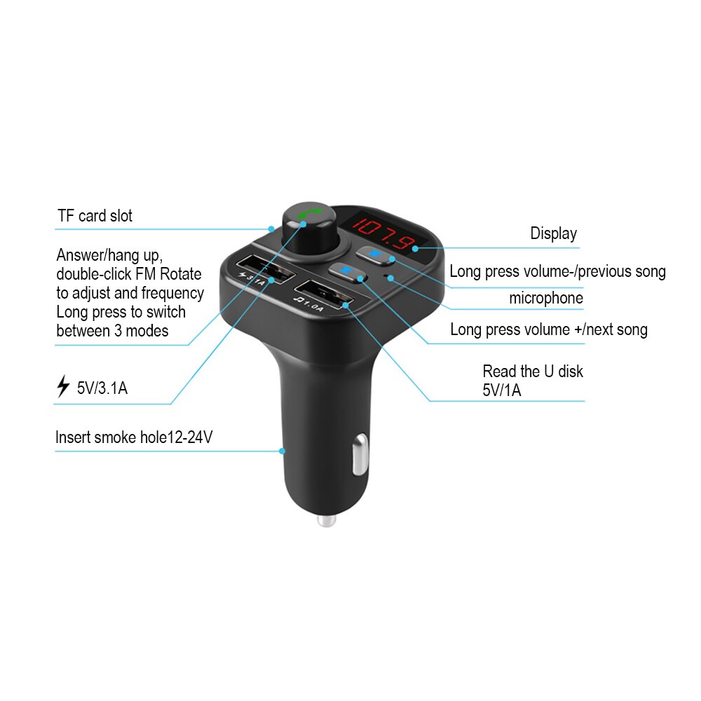 Kit de manos libres Fm Bluetooth 5,0 para coche, transmisor coche FM, adaptador de Radio MP3, 2 cargadores USB, modulador FM