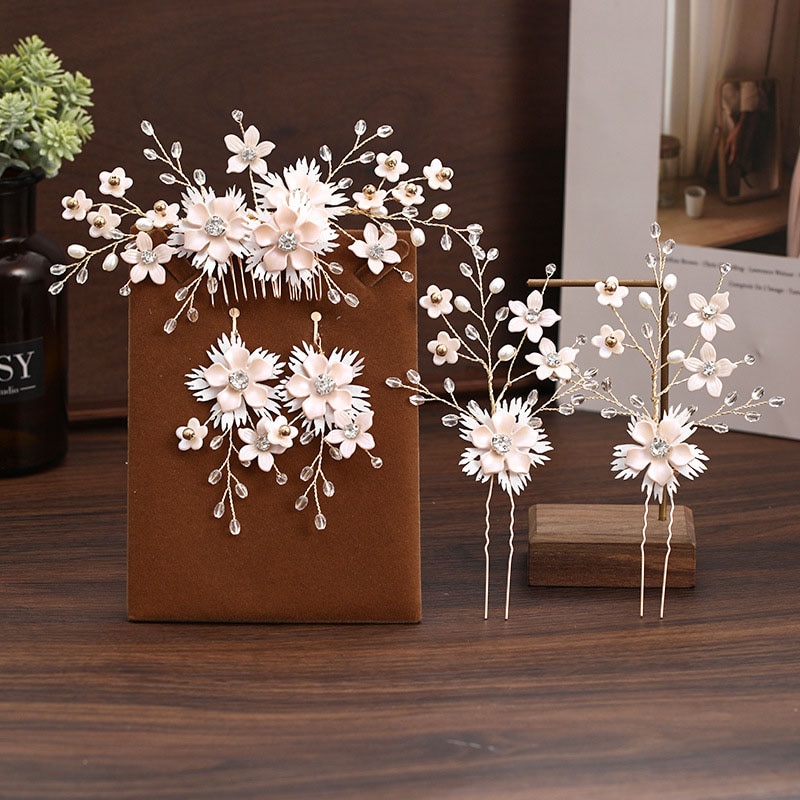 Korean Handmade Flower Crystal Pearls Hairpins Hair Combs Earrings Jewelry Sets for Women Girls Bride Wedding Party