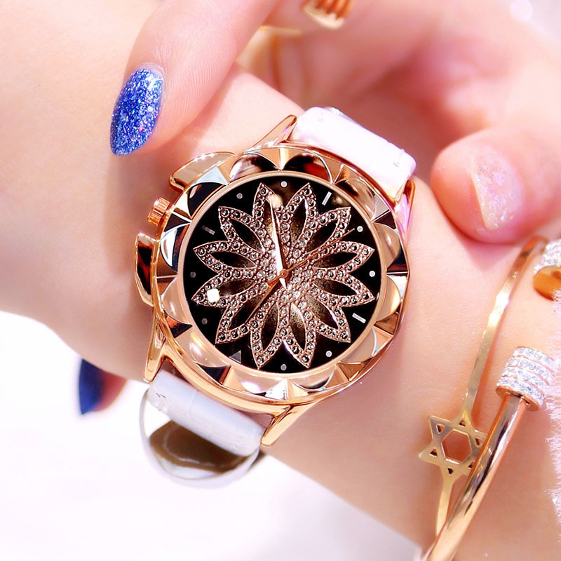1Pcs Rhinestone Vrouwen Quartz Horloges Dames Horloge Lederen Grote Wijzerplaat Kristal Diamant Bloem Klok Mode Armband Polshorloge