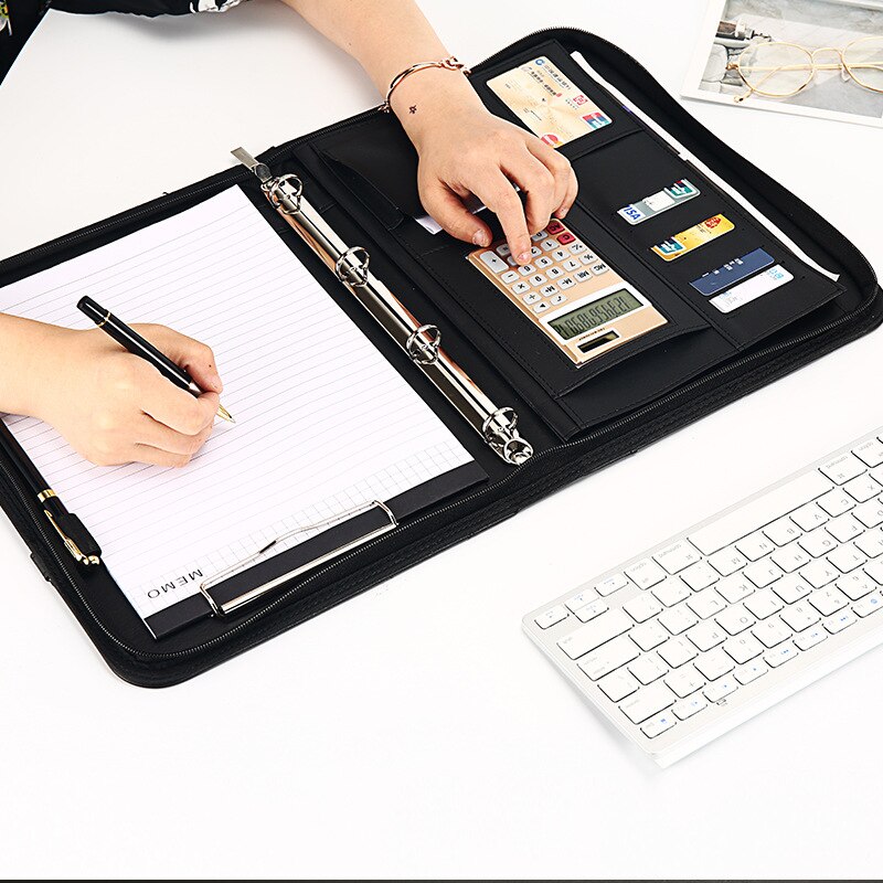 A4 Binder Folder PU Leather Portable Manager Padfolio Large Office Document Organizer Briefcase with Calculator Filing Products