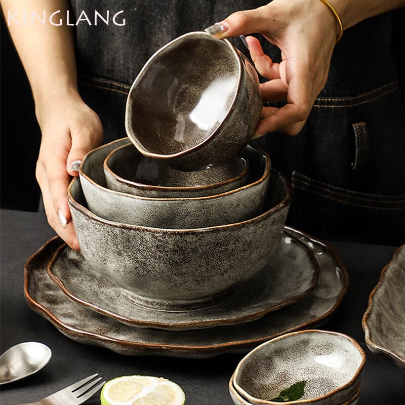 Kinglang Japanse Stijl Retro Rijstkom Keramische Diner Plaat Enkele Servies Salade Voedsel Schotel Grote Ramen Soepkom
