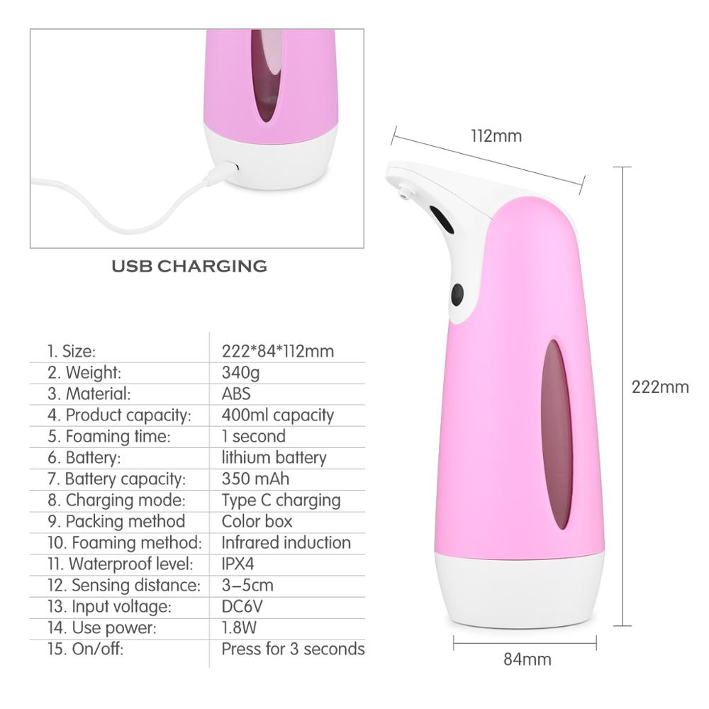 Distributeur automatique de savon sous forme de mousse, recharge USB, capteur infrarouge intelligent, désinfectant pour les mains, pour salle de bains et cuisine