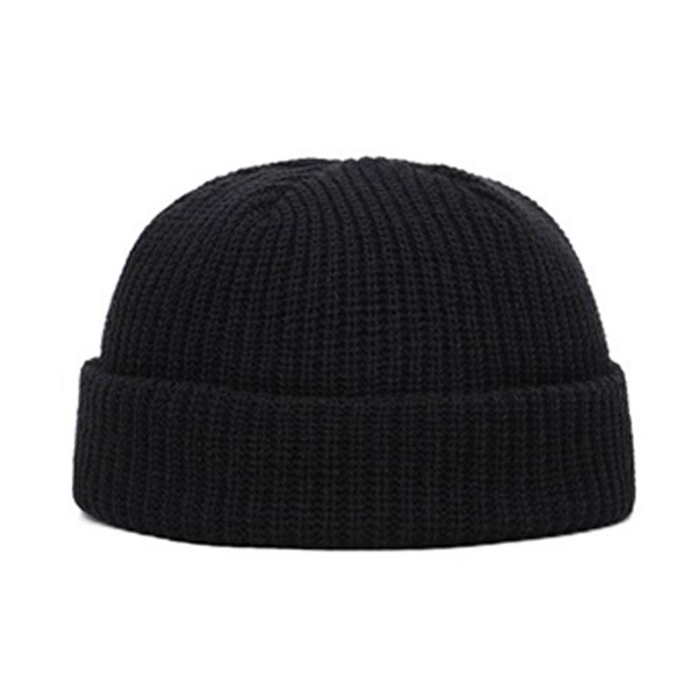 Gorro de lana de Color liso para hombre y mujer, gorro cálido con puño de punto, elástico, para ciclismo al aire libre, pesca y deportes, Invierno: Black