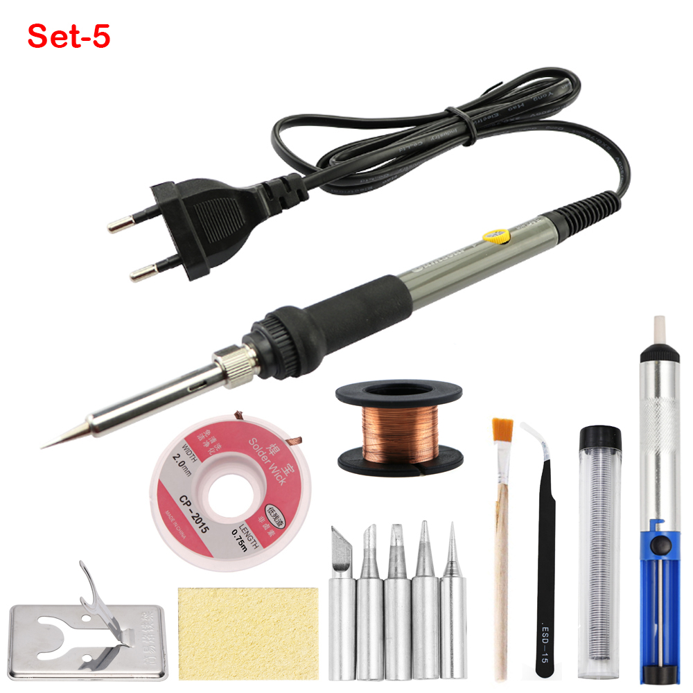 Electric Soldering Iron 60W Adjustable Temperature Soldering Iron Tips Welding Solder Tools Ceramic Heater Ddesoldering Pump Set: 220V EU Plug / set-5
