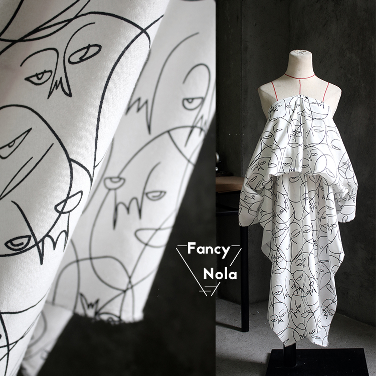 Tegneserie ansigt graffiti stof 150cm bredde malet bomuldsklud hvid baggrund stof skjorte stof  cg077: 0.45m