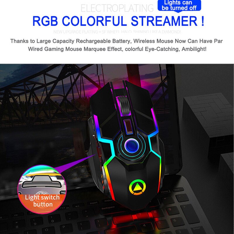 A5 Gaming Mouse ricaricabile Wireless silenzioso 1600 DPI ergonomico RGB LED retroilluminato 2.4G ricevitore USB per Computer portatile