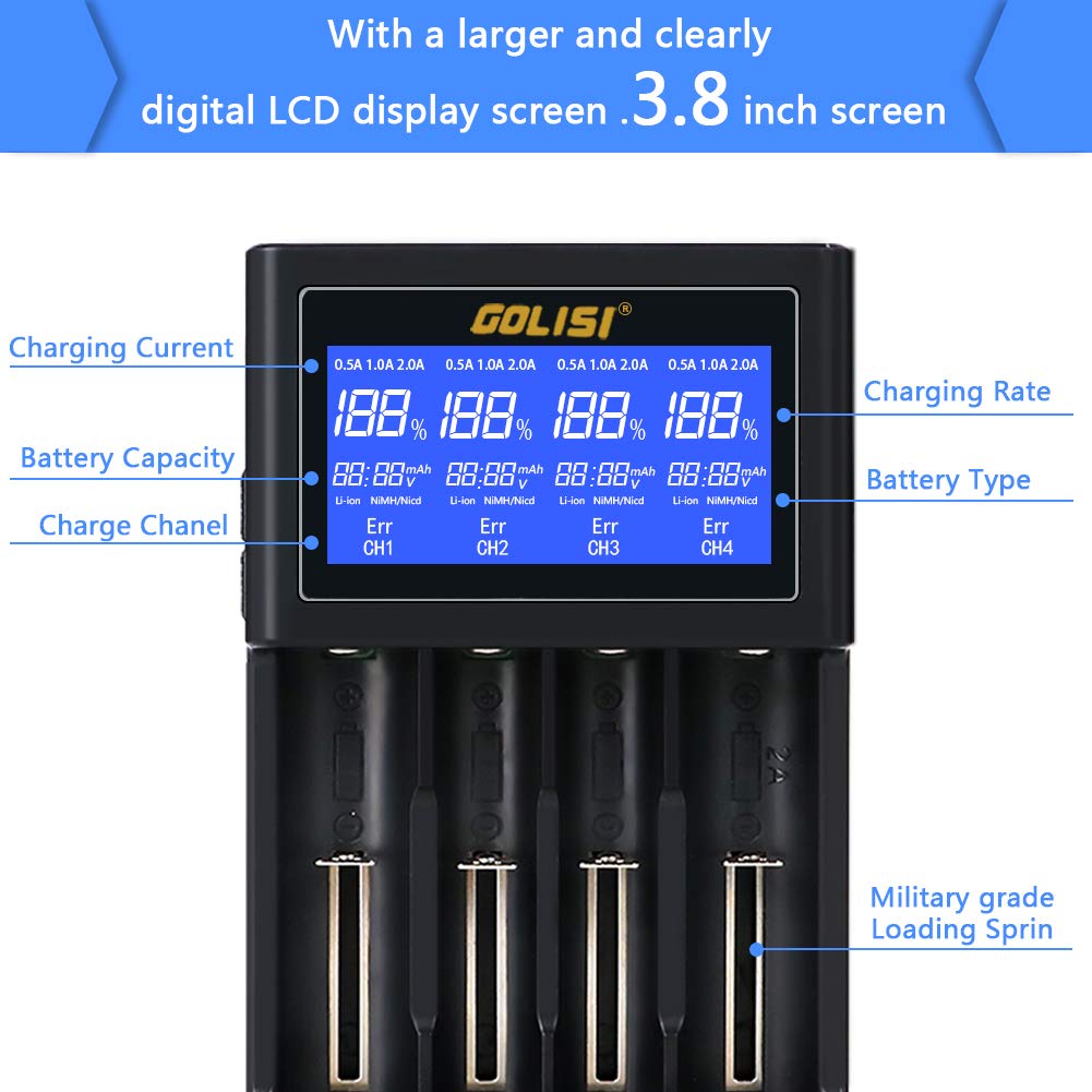 GOLISI i4 Smart Charger 18650 26650 20700 Lcd-beeldscherm Display USB Opladen Intelligente Batterij Oplader voor lithium-ion Ni-Mh Ni -cd