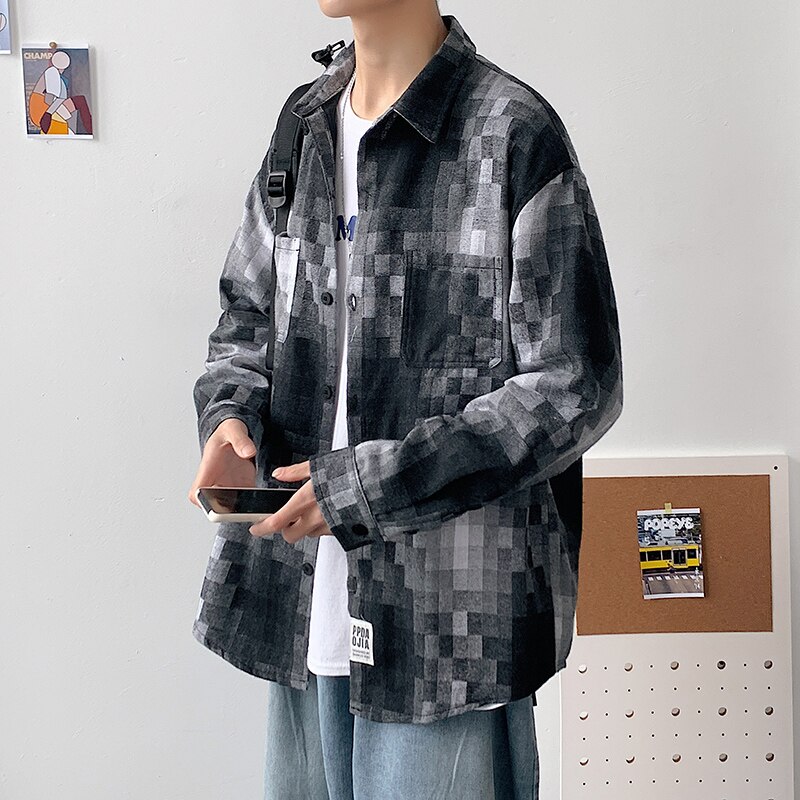 Men Harajuku Color Block Plaid Shirt Mens Streetwear Thick Shirts Long Sleeve Male Vintage Korean Fashions Clothes