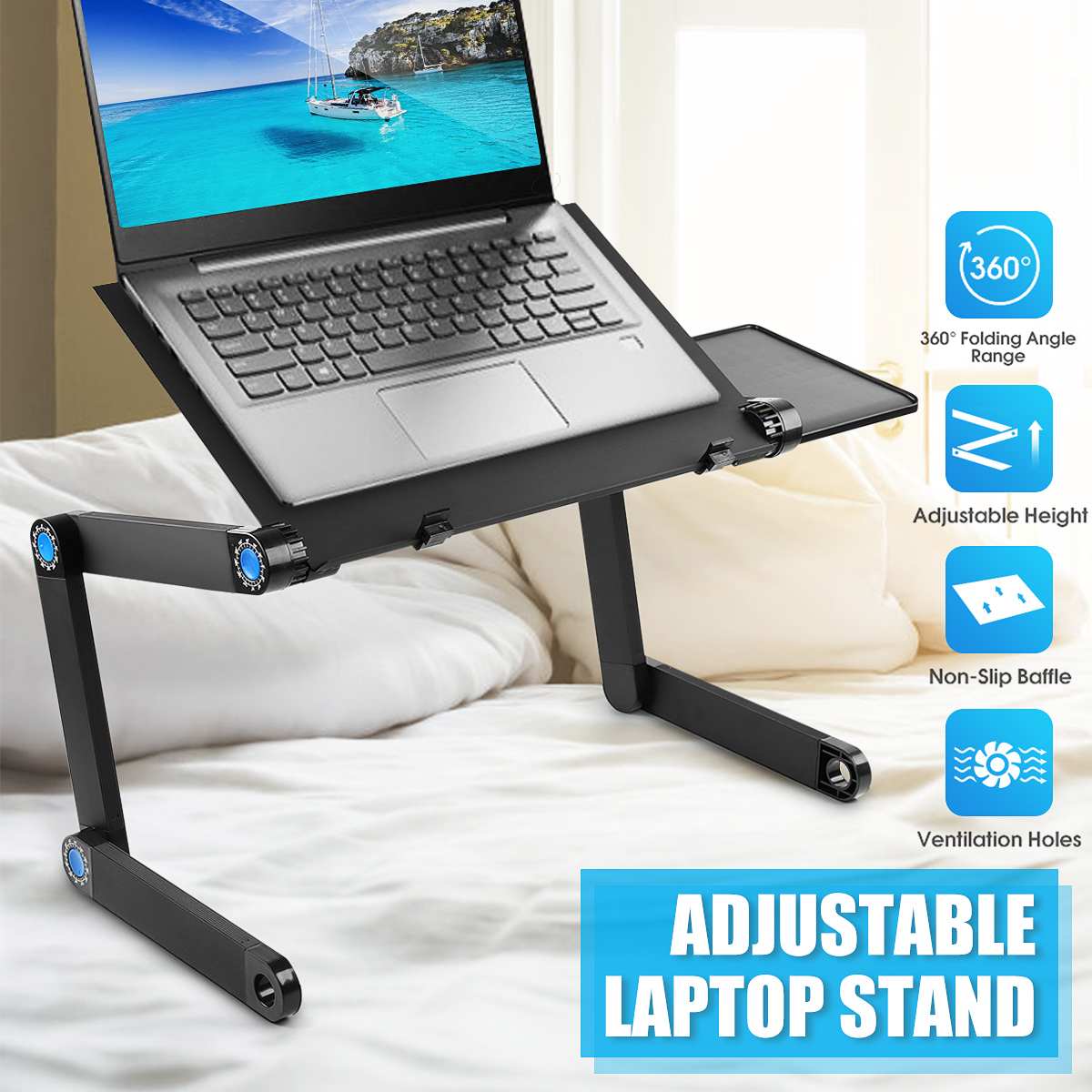 Mesa dobrável de alumínio para laptop, suporte de mesa para cama, rotação de 360 graus, mesa portátil multifuncional 52.5x26.4x5cm