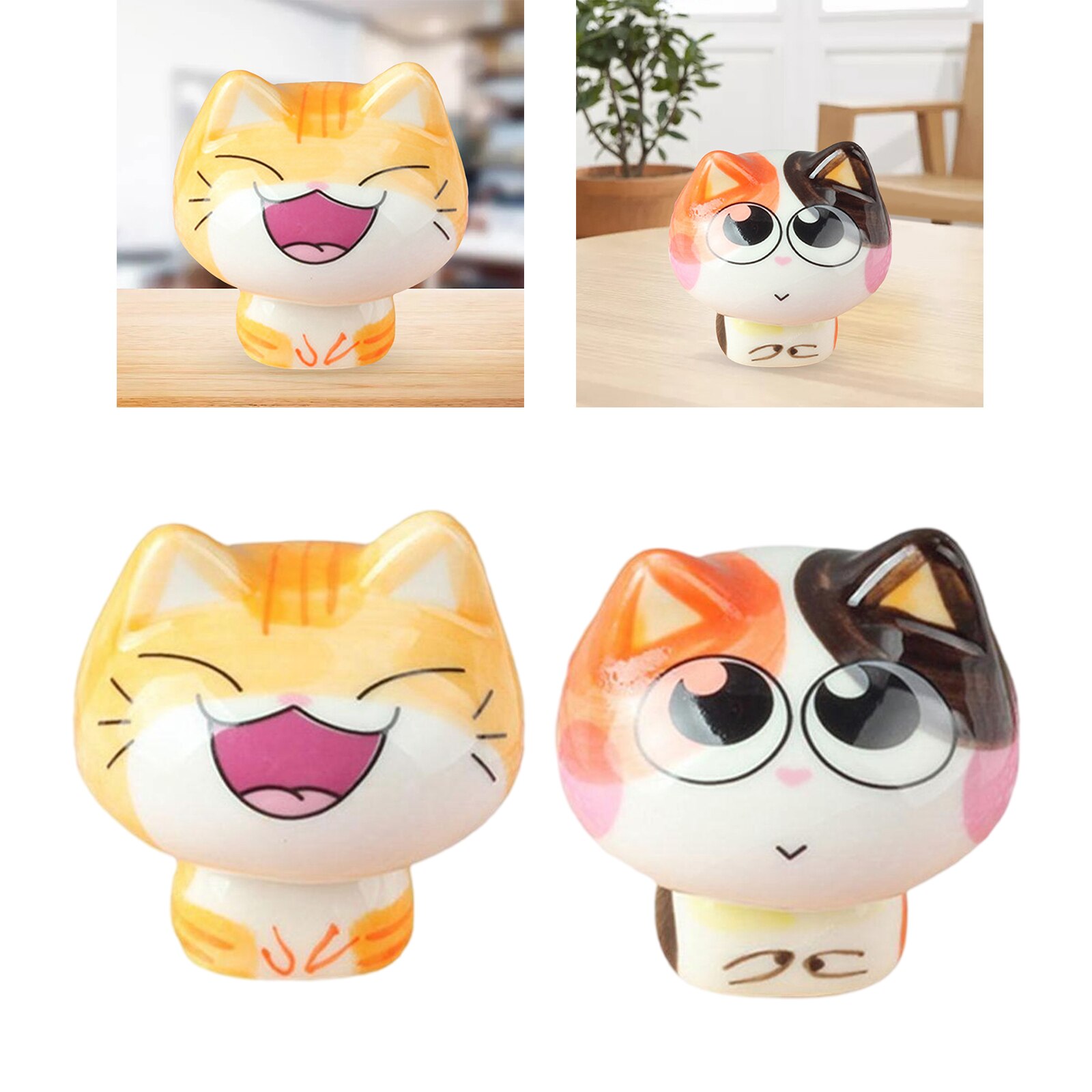 Porcelain Cute Cat Sculpture Statue Home Office Desktop Decoration 6x6.5cm