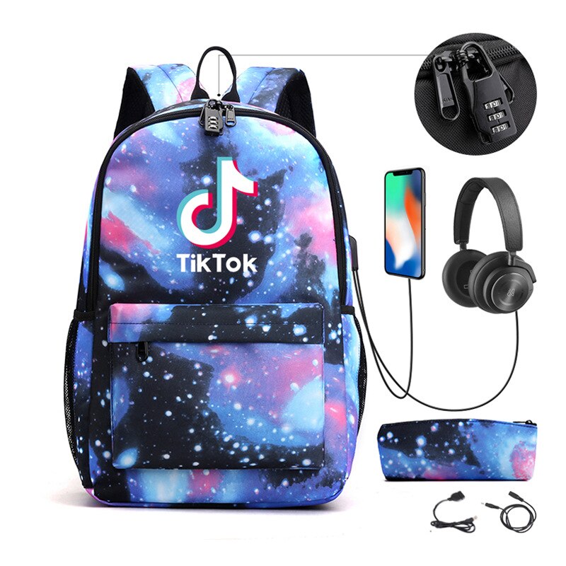 Tik Tok Rugzak Usb Charge School Rugzakken Jongens Meisjes Tik Tok Tieners Laptop Tassen 2 Stuks Reizen Rugzak Met Ketting: Marineblauw