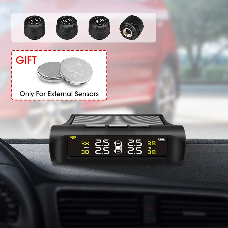 Bildekktrykk alarm overvåkingssystem solcelle trådløs sensor tpms overvåking 4 hjul eksterne/interne dekktrykk sensorer