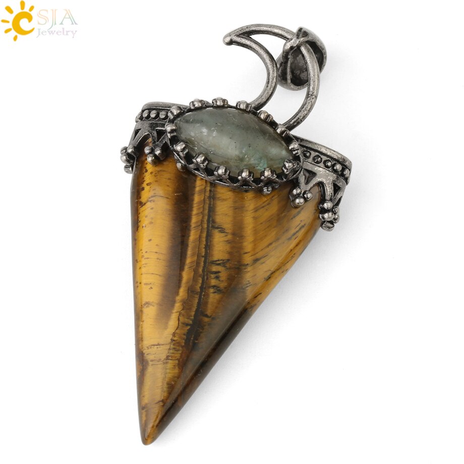 CSJA Natural Stone Triangle Pendant Necklace Antique Silver-color Crown Moon Labradorite Geometric Women Men Trendy Jewelry G324: Tiger Eye