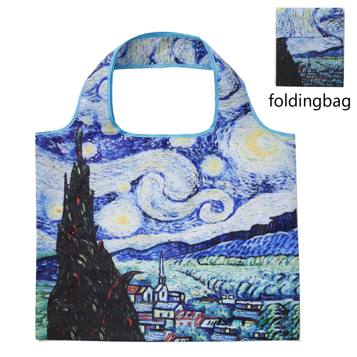 Van Gogh Hand Painted Oil Painting Shopping Bag Famous Painting Pattern Storage Bag Portable Foldable Travel Bag One Shoulder: Beige