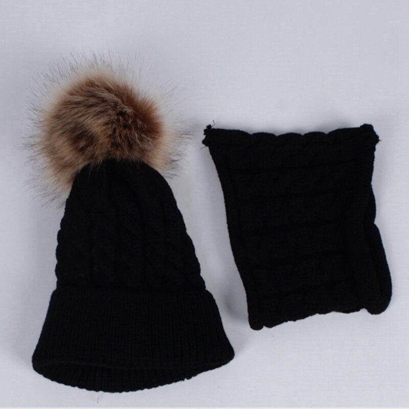 WZCX Kind Pompom Muts Sjaal Vrouwen Set Warm Houden Effen Kleur Casual Breien Dikker Baby Beanie Ski Cap: 04