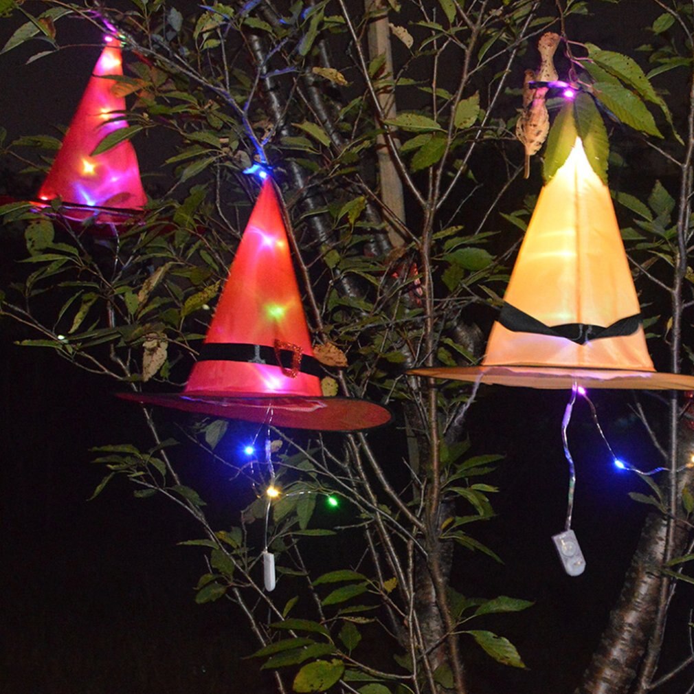 1 Uds gorro de bruja Halloween con luz LED sombrero de Brujas brillante iluminación colgante de Halloween decoración suspensión árbol sombrero brillante para niños