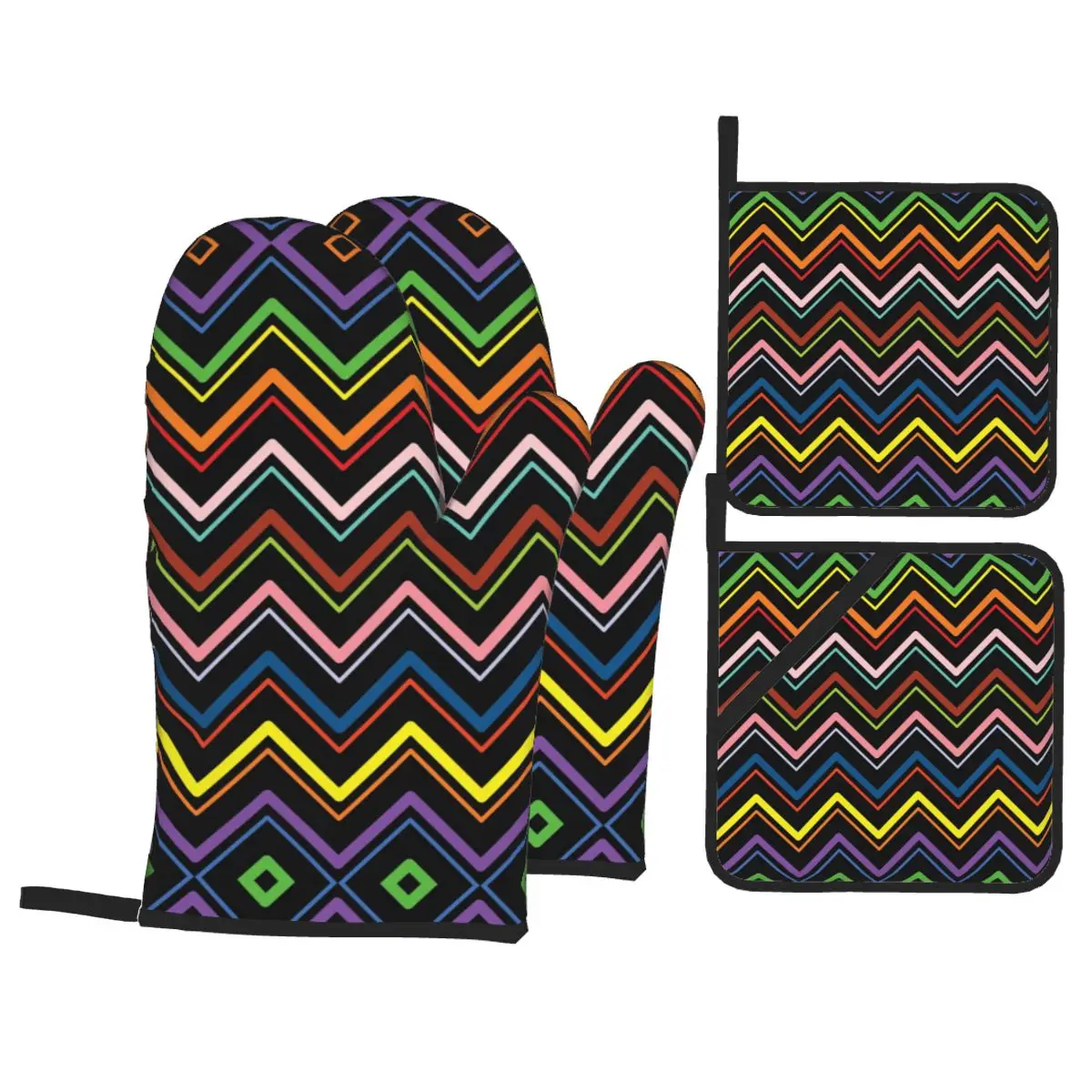 ZigZag Oven Mitts and Pot Holders 4pcs Set for Baking Cooking Non-Slip Heat Resistant Geometric BBQ Kitchen Gloves Potholders: black