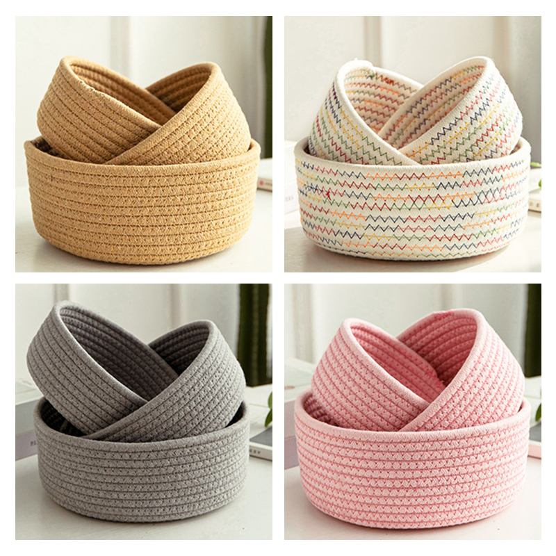 Panier de rangement tissé en fil de coton, boîte de rangement de bijoux de bureau, petit panier télécommandé, conteneur de finition de cosmétiques