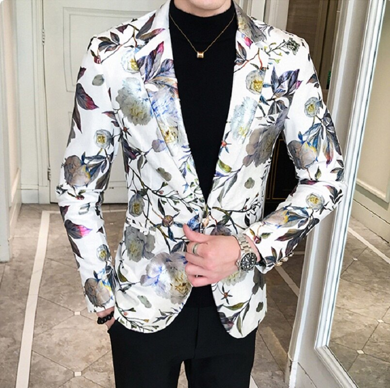 Mænds skinnende blomster trendy slankt jakkesæt blazer herre turn-down langærmet print blomstret natklub perform jakkesæt: Hvid / Xl