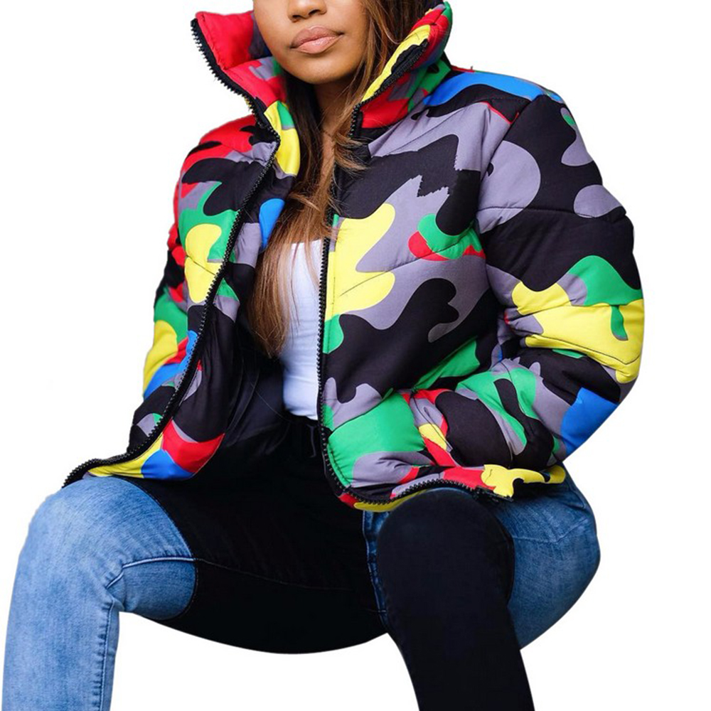 S-4XL Plus Size Camouflage Print Winter Wear Bubble Coat Female Cropped Puffer Down Jacket Plus Size Snakeskin Parka Outerwear