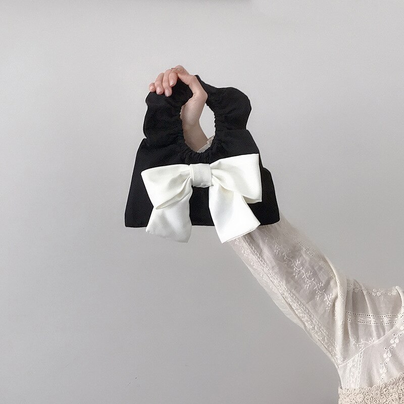 1pc Small Black White Bowknot Fold RUFFLES Handle Mini Canvas Dumpling Bag Clutch Bag For Girl Lady Wristlet Handbag