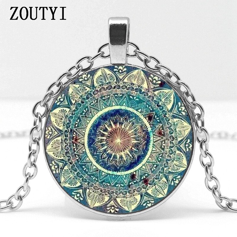 , vintage Boeddhistische chakra glas ronde hanger ketting, Om Indian yoga mandala dragen sieraden: Silver