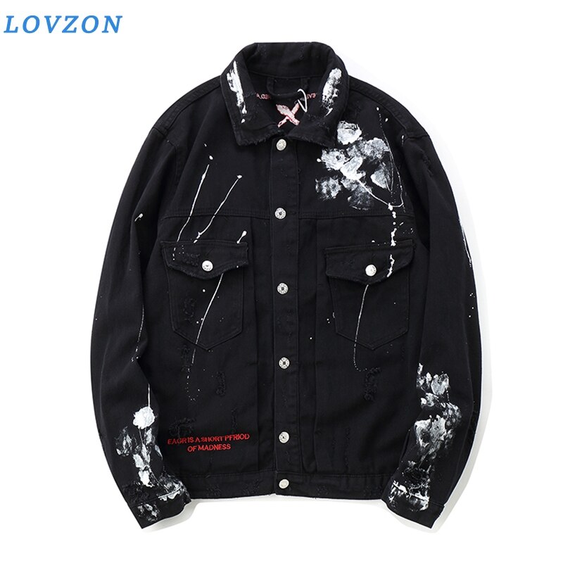 LOVZON-chaqueta vaquera con estampado de Graffiti para hombre, chaqueta masculina de estilo Hip Hop con cuello vuelto