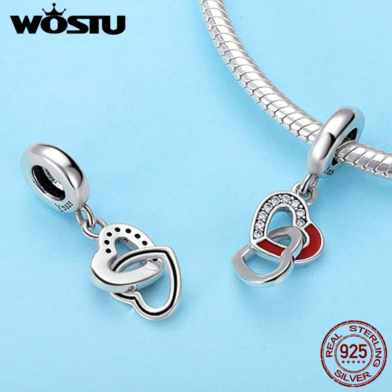 Wostu real 925 prata esterlina entrelaçados corações pingente charme ajuste contas pulseira colar diy jóias amante presente fic735
