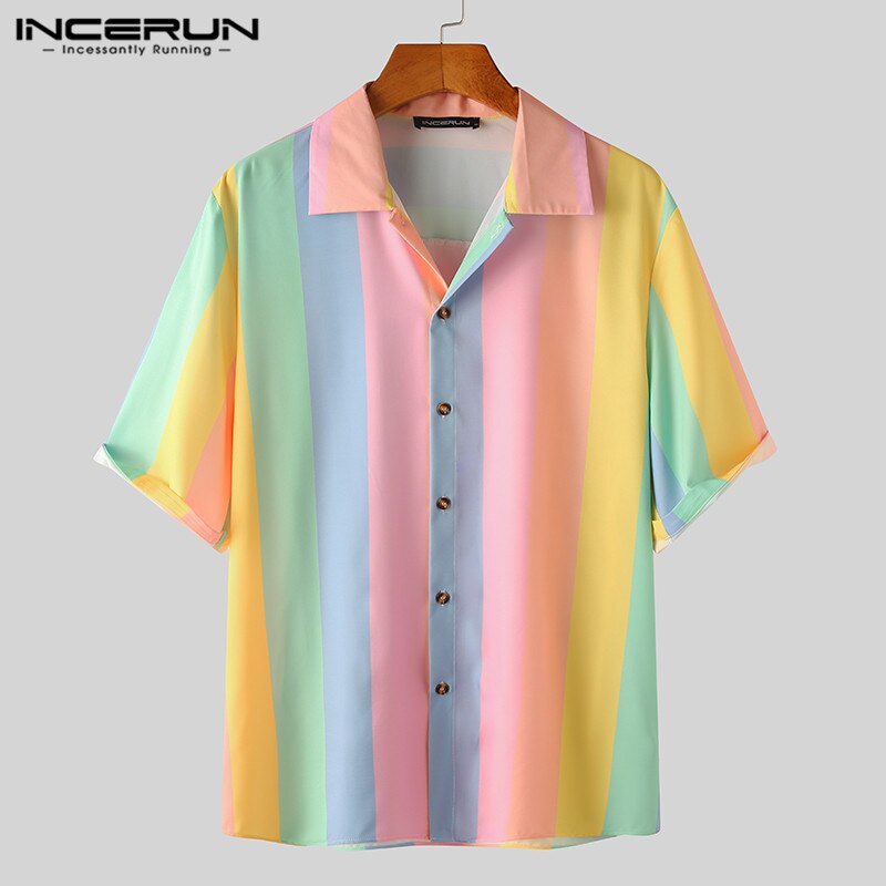 Incerun Zomer Mannen Shirt Kleurrijke Gestreepte Korte Mouwen Revers Button Blouse Streetwear Casual Hawaiian Shirts S-5XL
