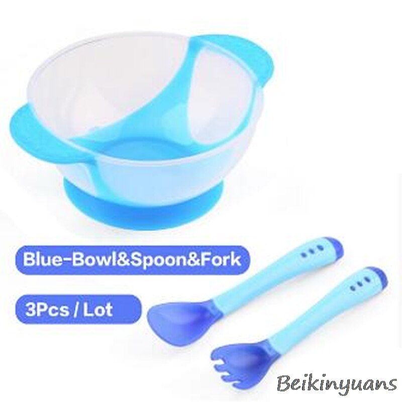 Baby Kom Antislip Servies Set Zuigelingen Voeden Kom Met Sucker En Temperatuur Sensing Lepel Voor Kinderen Servies: blue